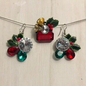 Handmade Holiday Holly Earring Brooch Set
